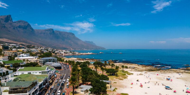 view from The Rock viewpoint in Cape Town over Campsbay, view over Camps Bay with fog over the ocean